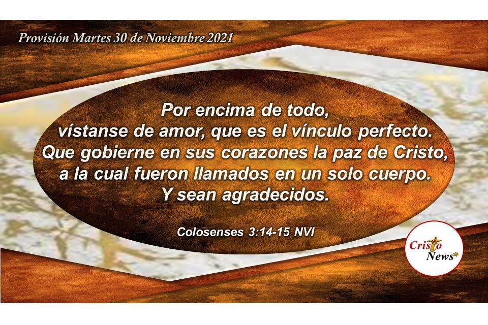 Nuestras ropas perfectas son el amor y la paz de Jesucristo mostrando agradecimiento a Dios: Provisión Martes 30 de Noviembre de 2021