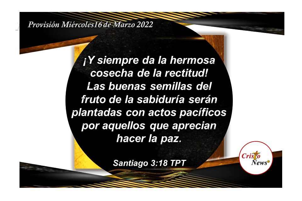 Jesucristo es el Camino donde se siembra la buena semilla de cuyo fruto se cosecha amor, esperanza, fe y paz por la Gracia de Dios: Provisión Miércoles 16 de marzo de 2022