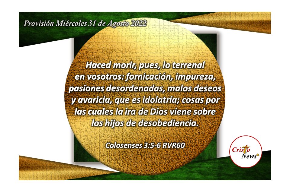 La fe y esperanza se fortalecen en la obediencia a los principios y valores que nos señala Jesucristo en el Camino de amor, justicia y verdad: Provisión miércoles 31 de Agosto 2022